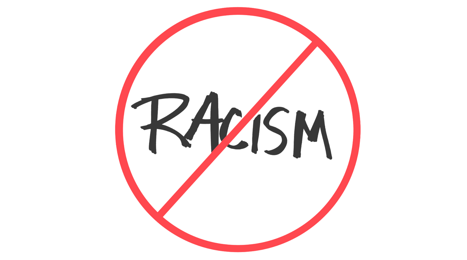 The word “Racism” crossed out with a red circle and slash.