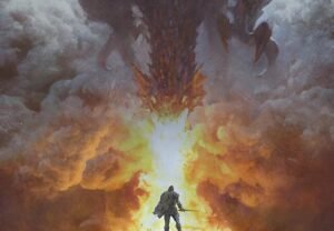 An illustration of a knight facing a fire-breathing dragon.