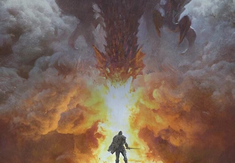 An illustration of a knight facing a fire-breathing dragon.