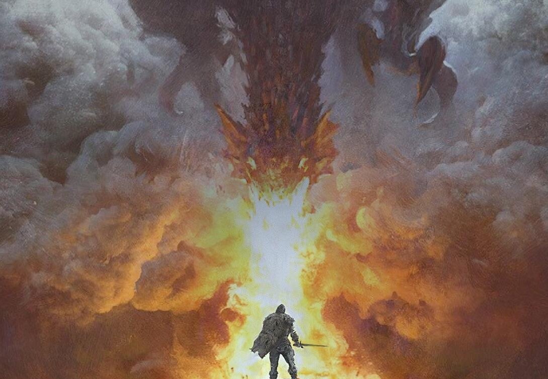 An illustration of a knight facing a fire-breathing dragon.
