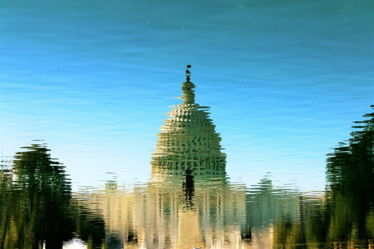 The United States Capitol reflected in rippling water.