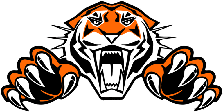 An orange, black, and white tiger illustration with bared teeth and outstretched paws.
