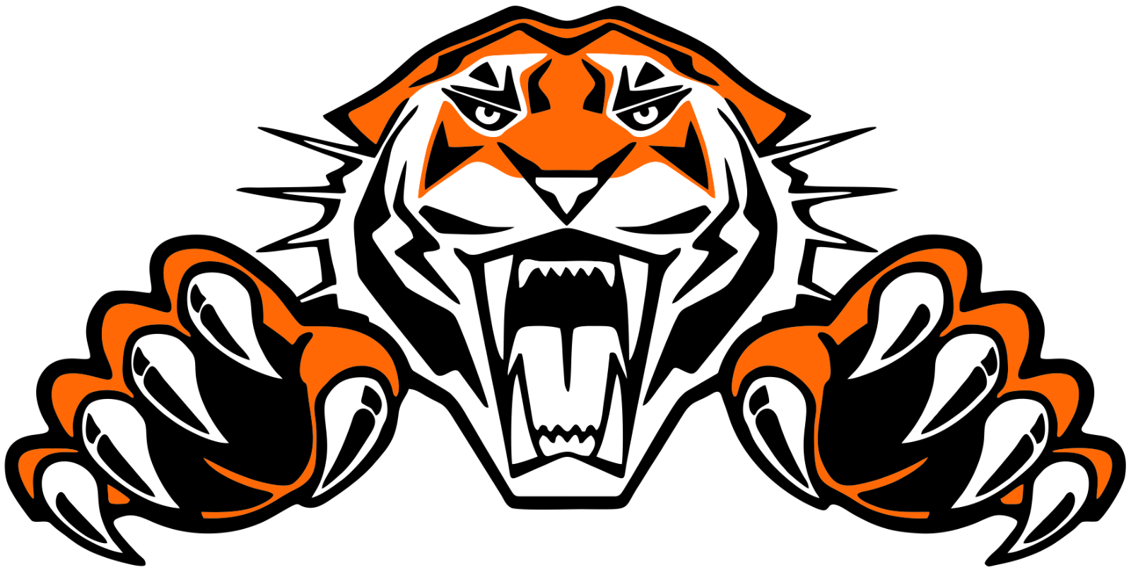 An orange, black, and white tiger illustration with bared teeth and outstretched paws.
