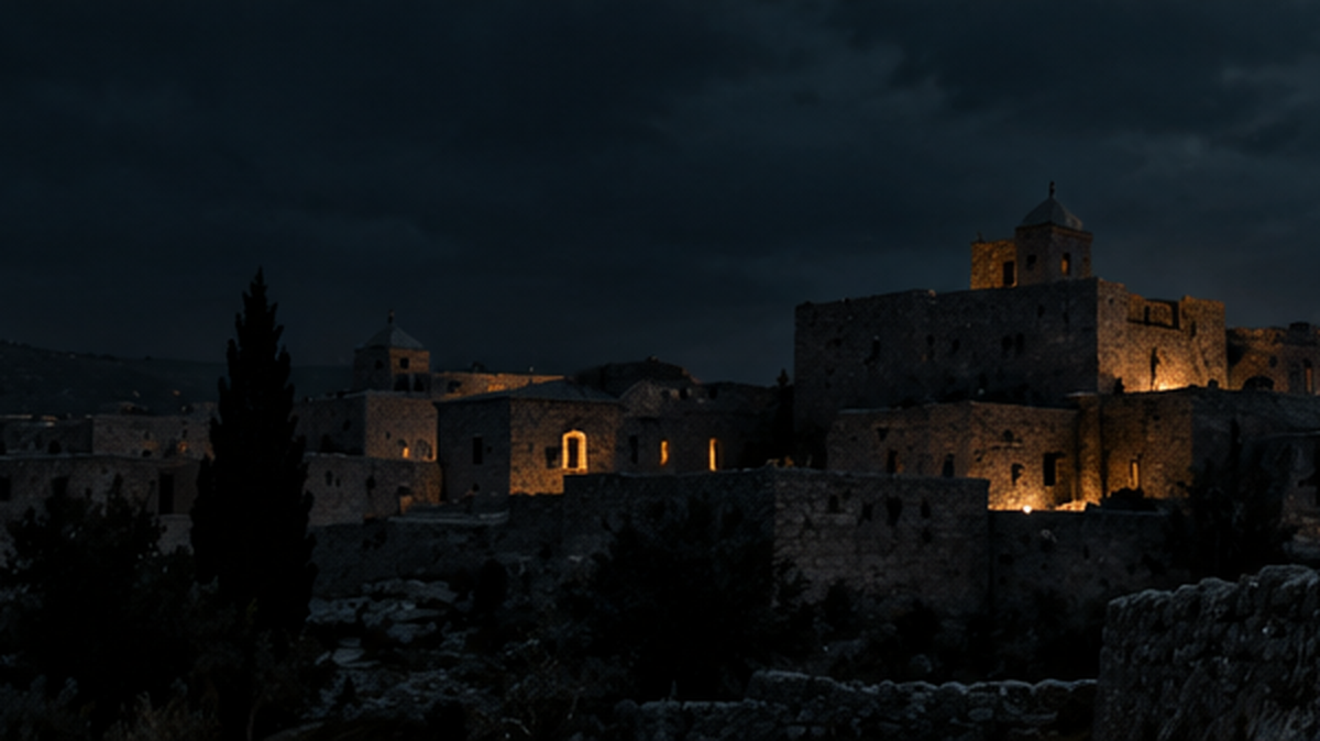 Stone buildings lit by warm light beneath a dark night sky.
