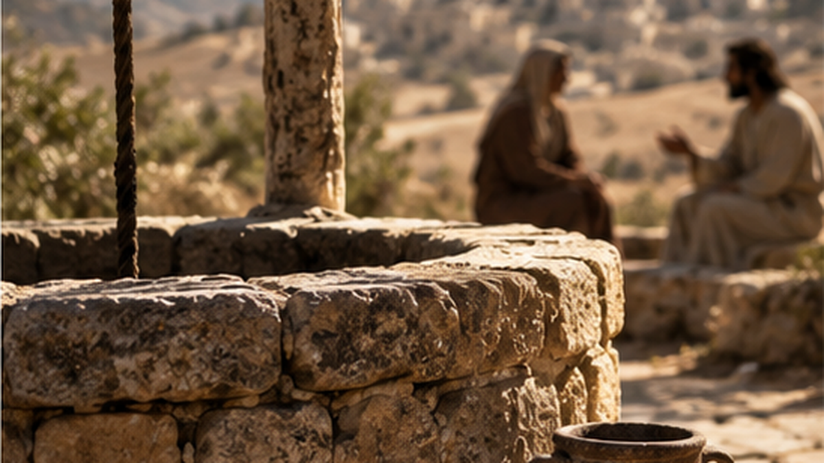 A stone well with two people talking in the background.